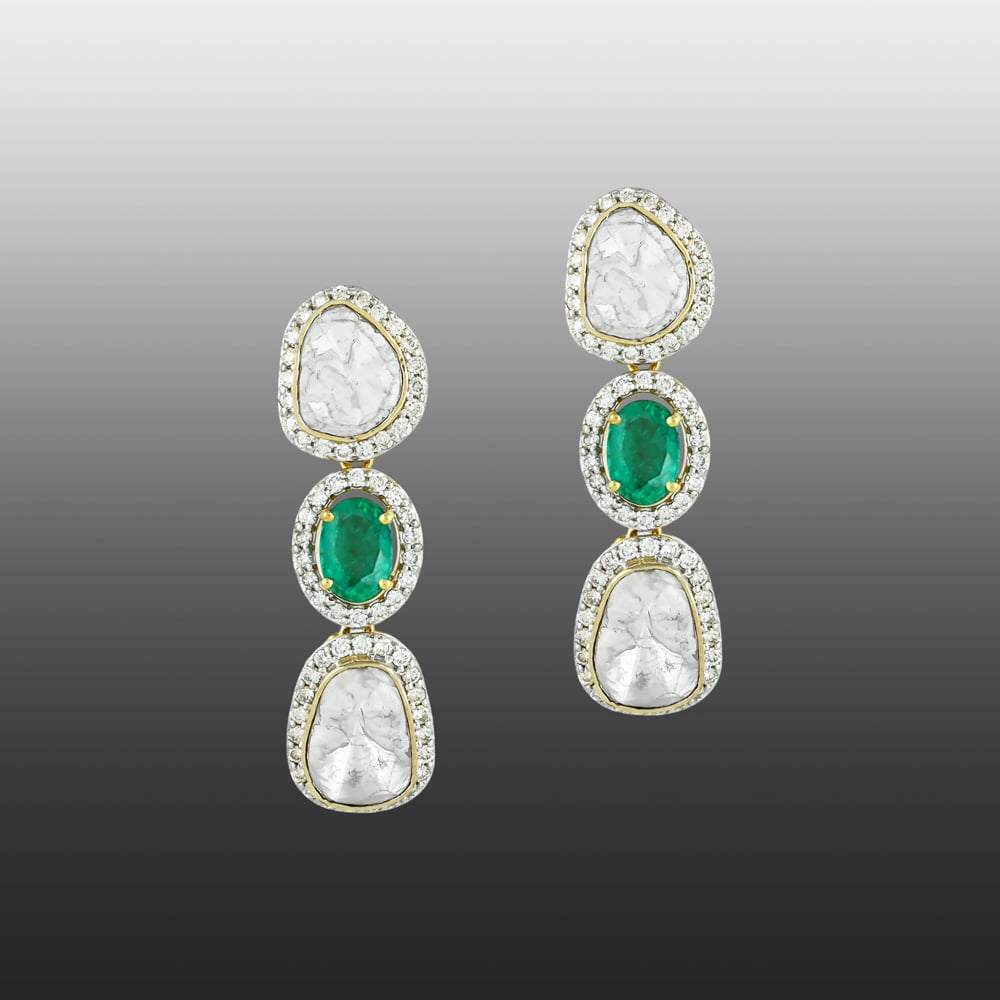 Oval Emerald Earrings with Polki & Diamond Halo Borders